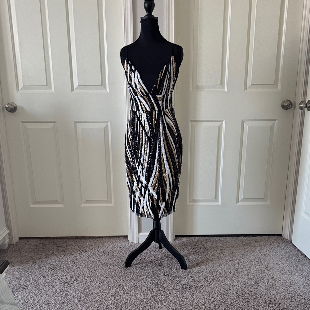 AKIRA Black and White Striped Midi Dress